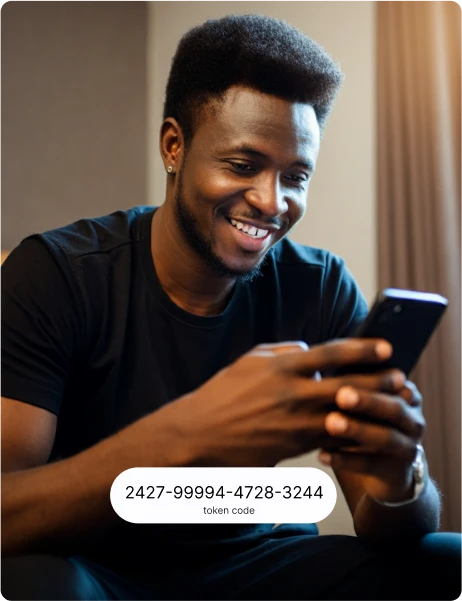 a man pressing his phone trying to recharge with his electricity toekn gotten from purplepay