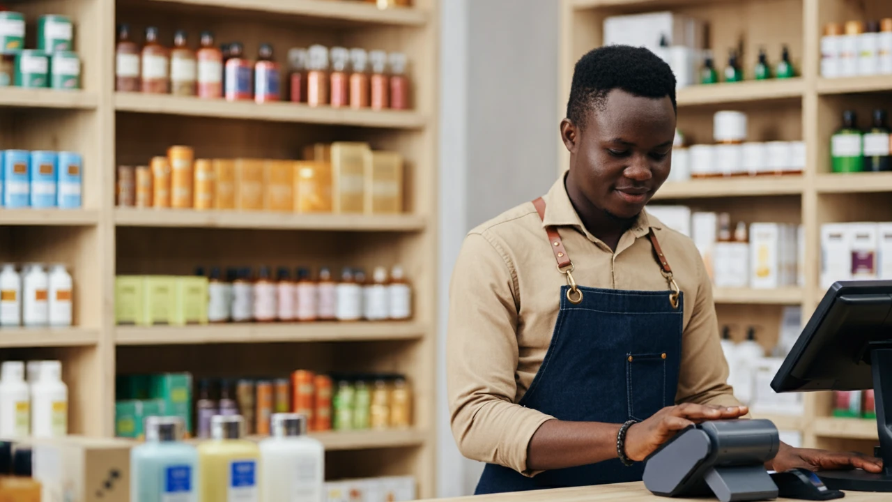 A man standing behind  a counter in a store interacting with a pos machine
