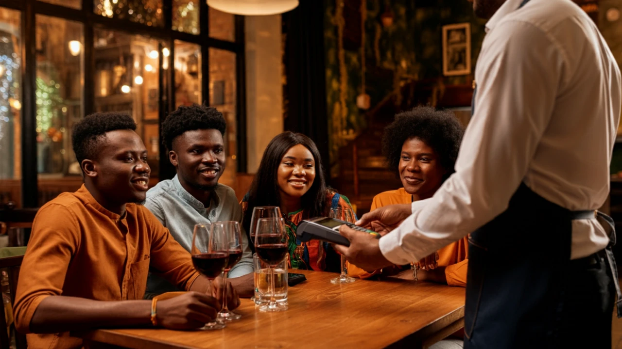 A group of people sitting around a wooden table about to make payment on a purplepay pos